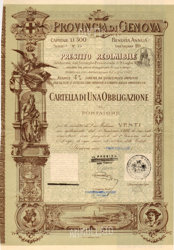 Provincia di Genova 4% - Prestito redimibile 9 luglio 1896